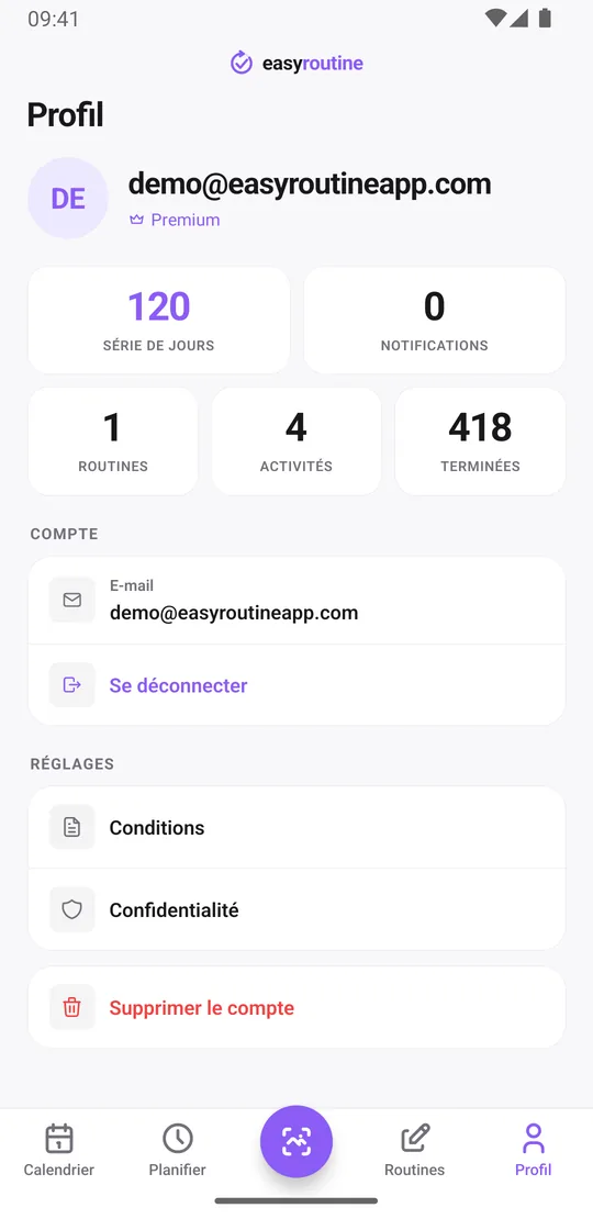 Onglet Profil d'EasyRoutine avec l'adresse e-mail et le forfait en haut, des tuiles Série de jours, Notifications, Routines, Activités et Terminées, et les options du compte