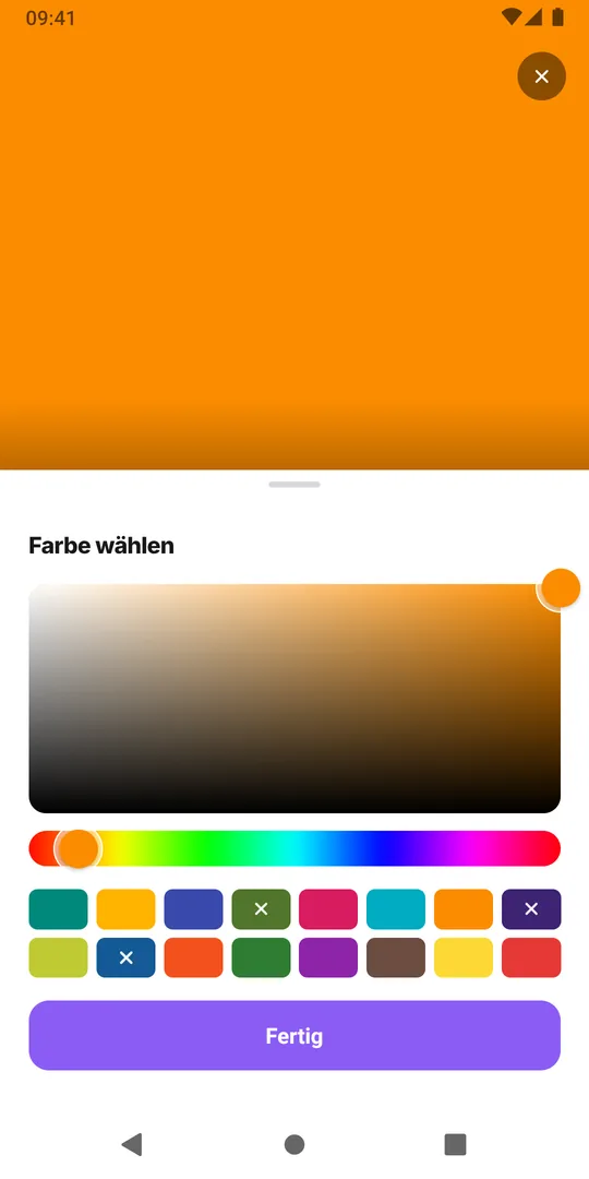 Die Ansicht Farbe wählen in EasyRoutine mit Farbfeldern und dem Button Fertig