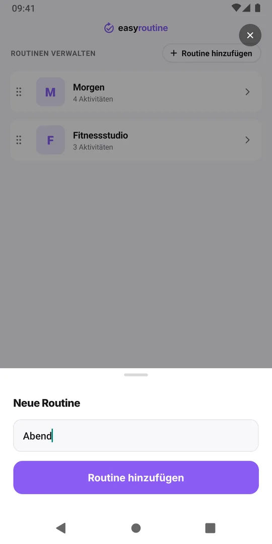 Das Fenster Neue Routine in EasyRoutine mit eingegebenem Namen und dem Button Routine hinzufügen darunter