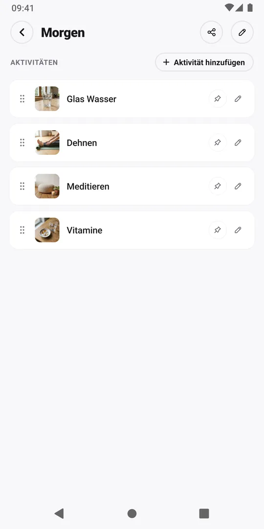 Die Routine Morgen in EasyRoutine mit der neuen Aktivität Vitamine am Ende der Liste