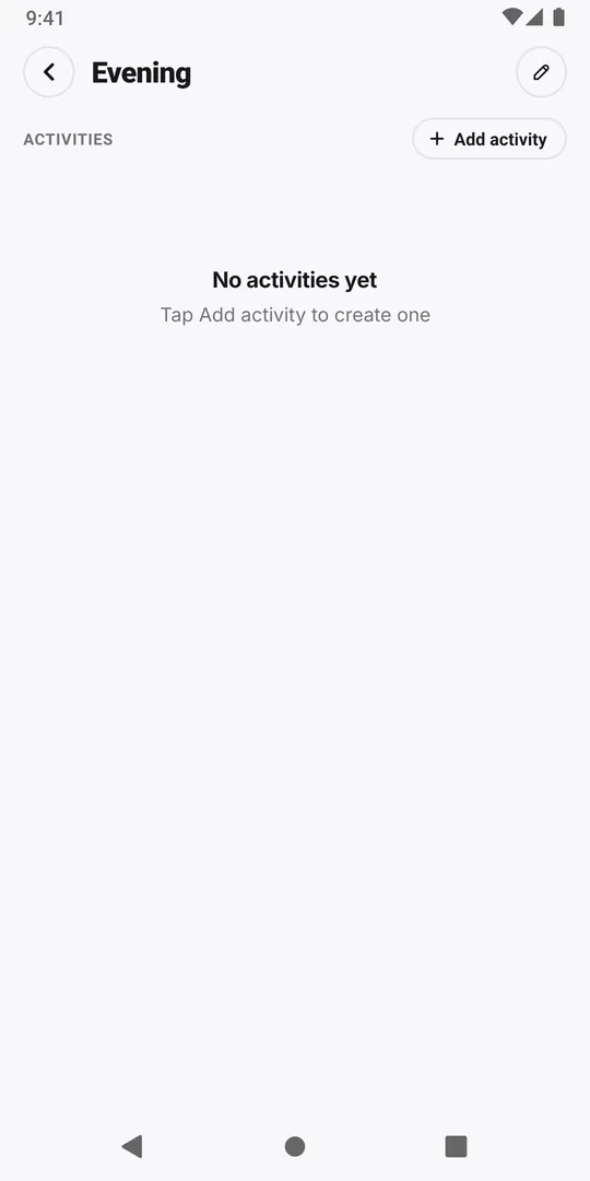 A new, empty routine in EasyRoutine showing No activities yet and the Add activity button