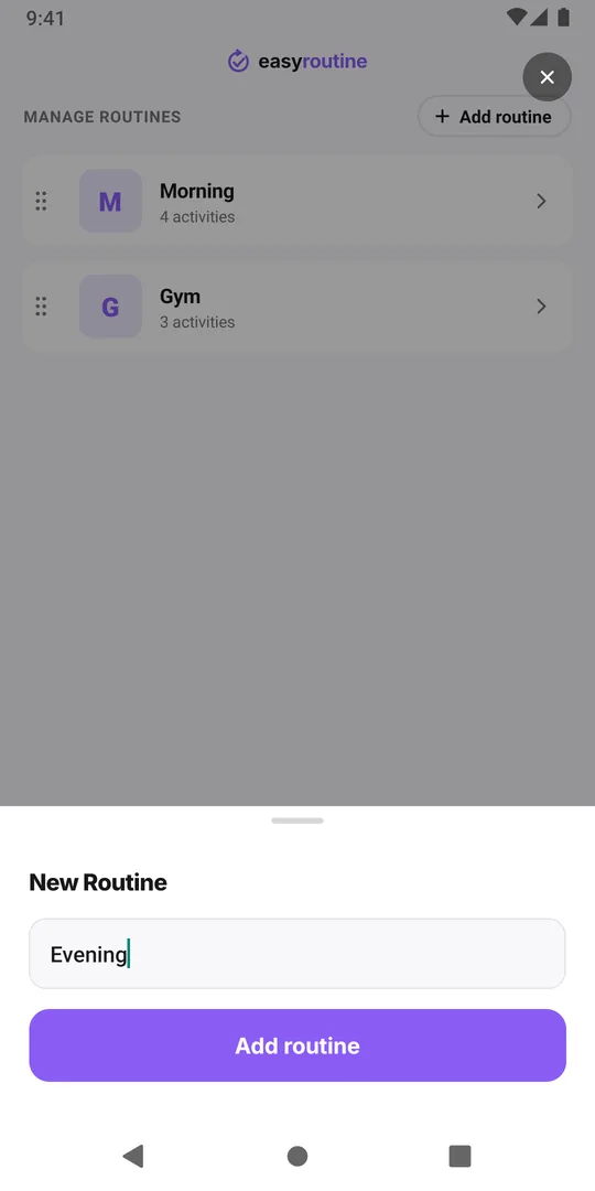 The New Routine sheet in EasyRoutine with a name typed in and the Add routine button below it