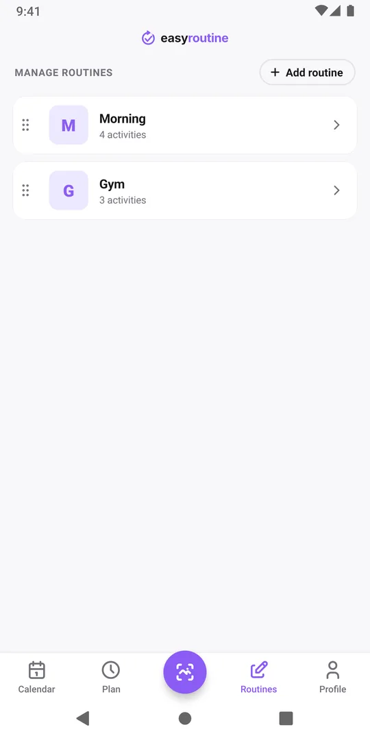 The Routines tab in EasyRoutine listing two routines with their activity counts and the Add routine button at the top