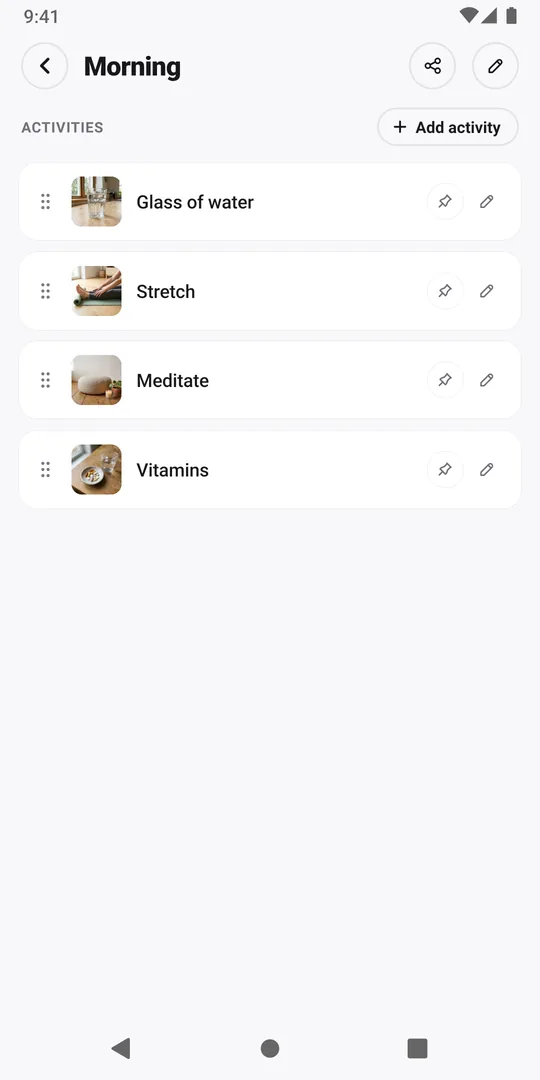 The Morning routine in EasyRoutine with the new vitamins activity added at the end of the list
