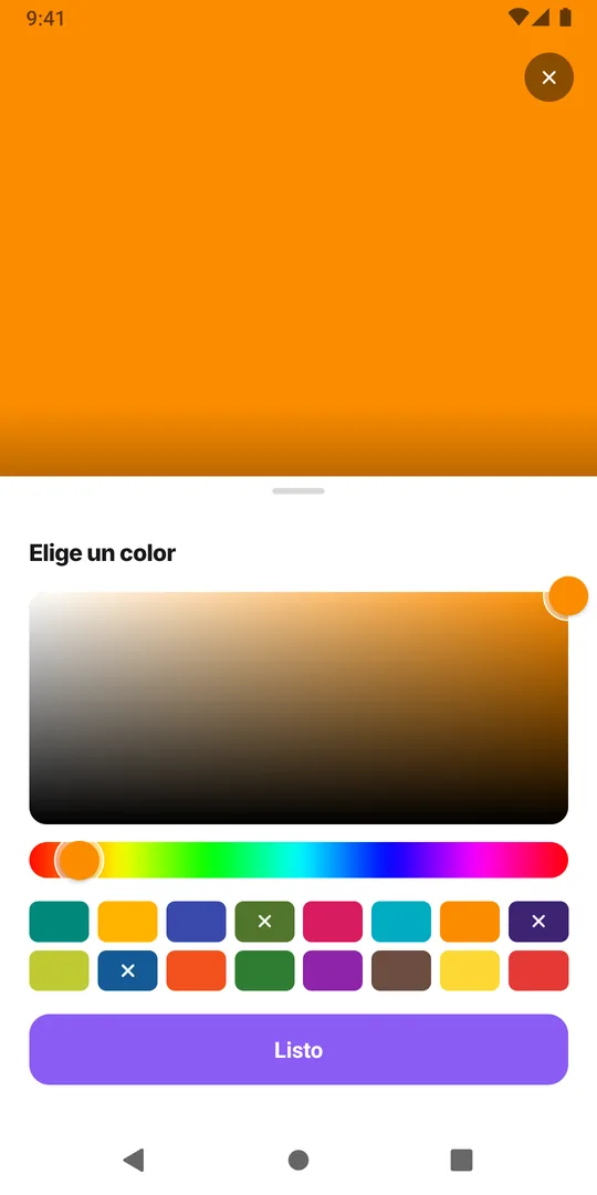 La pantalla Elige un color de EasyRoutine con muestras de color y el botón Listo
