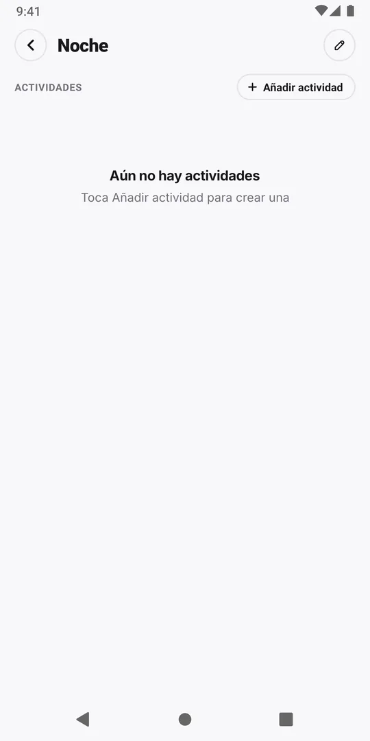 Una rutina nueva y vacía en EasyRoutine con el aviso Aún no hay actividades y el botón Añadir actividad