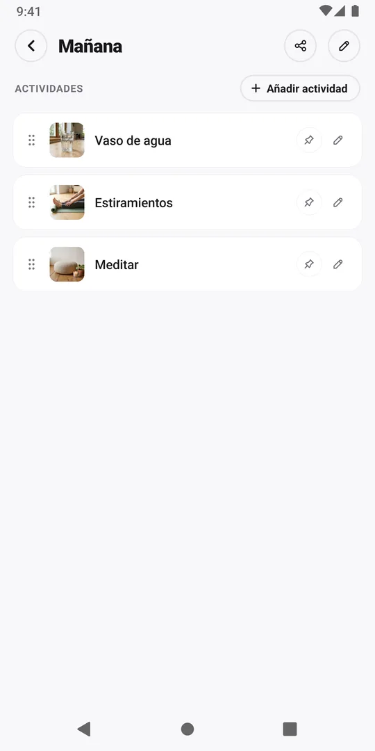 Una rutina Mañana en EasyRoutine con tres actividades y el botón Añadir actividad