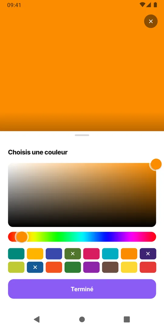 L'écran Choisis une couleur d'EasyRoutine avec les pastilles de couleur et le bouton Terminé