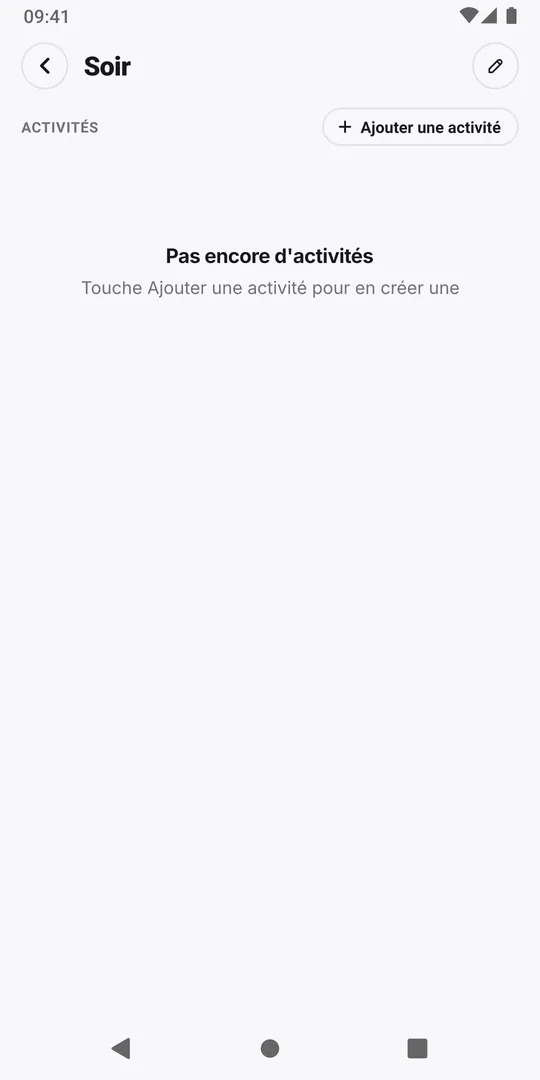Une nouvelle routine vide dans EasyRoutine avec le message Pas encore d'activités et le bouton Ajouter une activité
