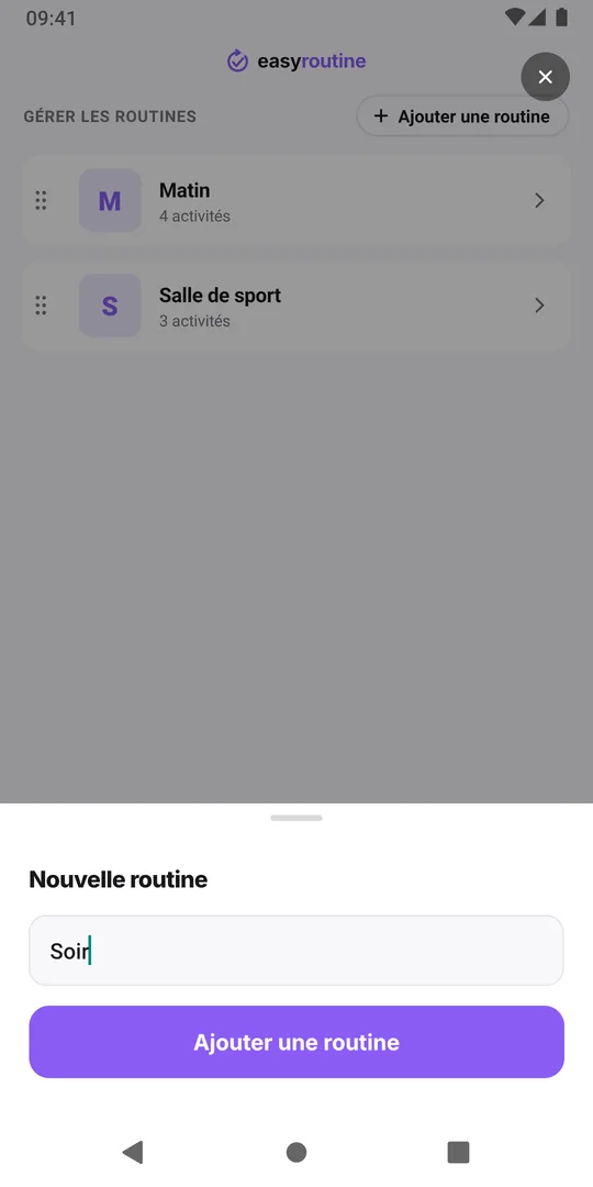 La fenêtre Nouvelle routine d'EasyRoutine avec un nom saisi et le bouton Ajouter une routine en dessous