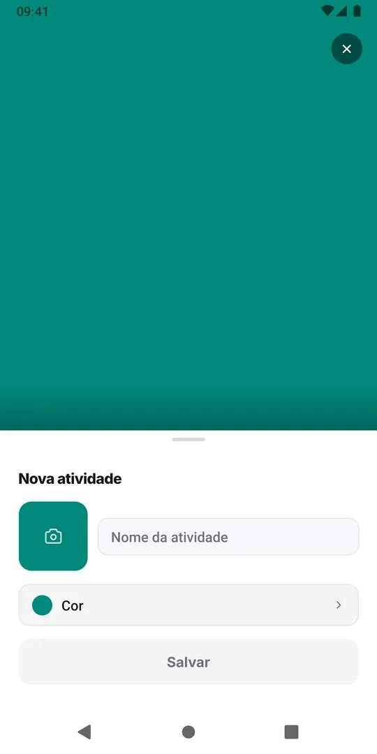 A janela Nova atividade vazia no EasyRoutine com o quadrado de foto, o campo Nome da atividade, a linha Cor e o botão Salvar