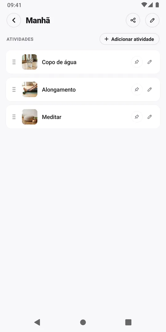 Uma rotina Manhã no EasyRoutine com três atividades e o botão Adicionar atividade