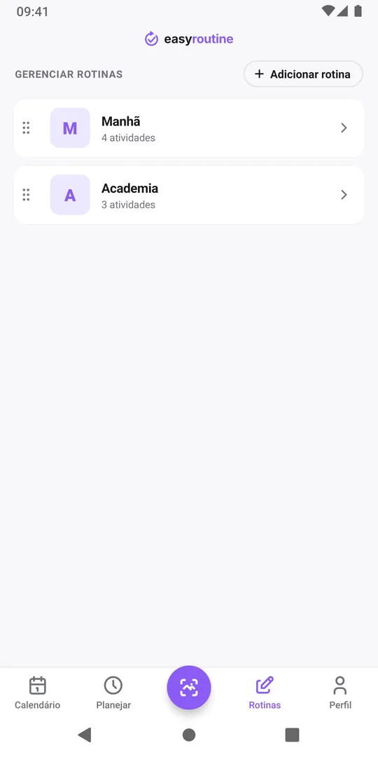 A aba Rotinas do EasyRoutine com duas rotinas, o número de atividades de cada uma e o botão Adicionar rotina no alto