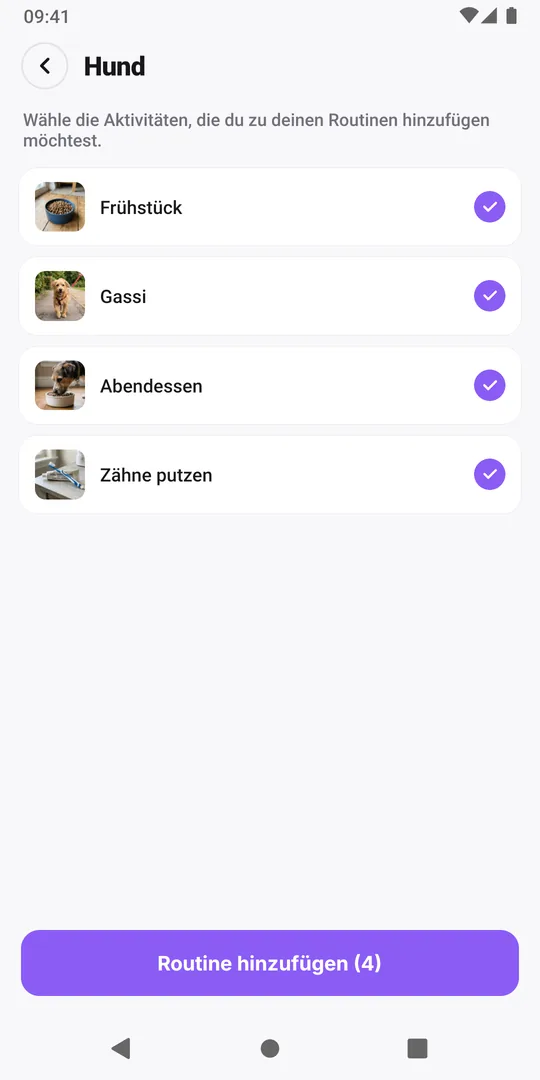 Eine geteilte Routine Hund in EasyRoutine mit vier Aktivitäten, alle angehakt, und der Schaltfläche Routine hinzufügen