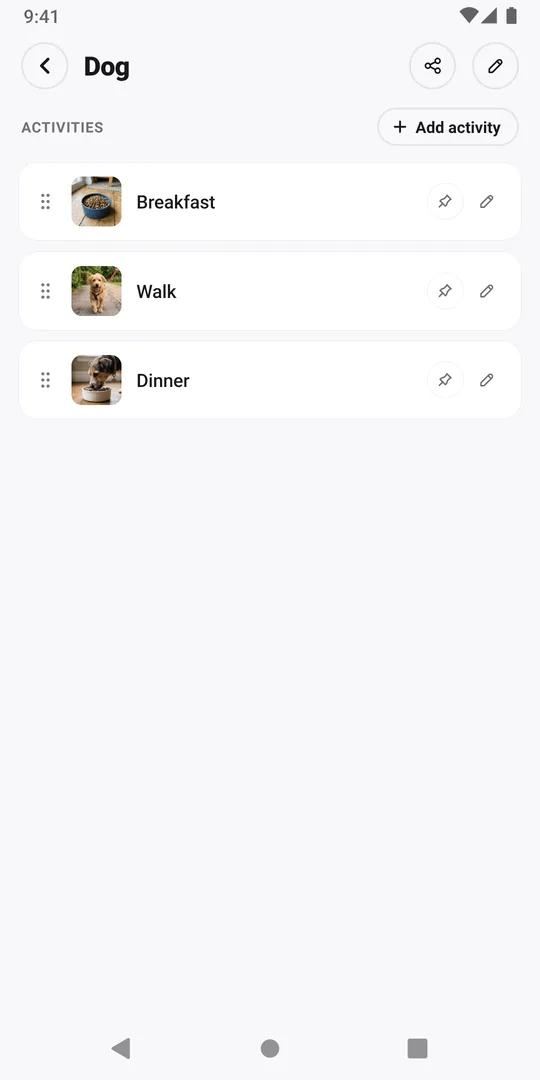 The added copy of the Dog routine in EasyRoutine with its activities and photos
