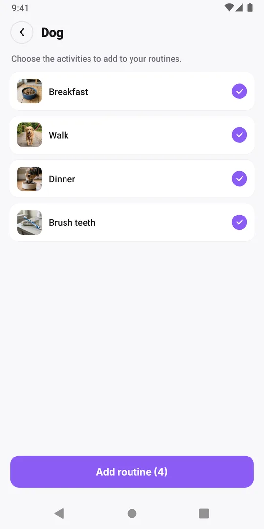 A shared Dog routine opened in EasyRoutine with four activities, all ticked, and the Add routine button