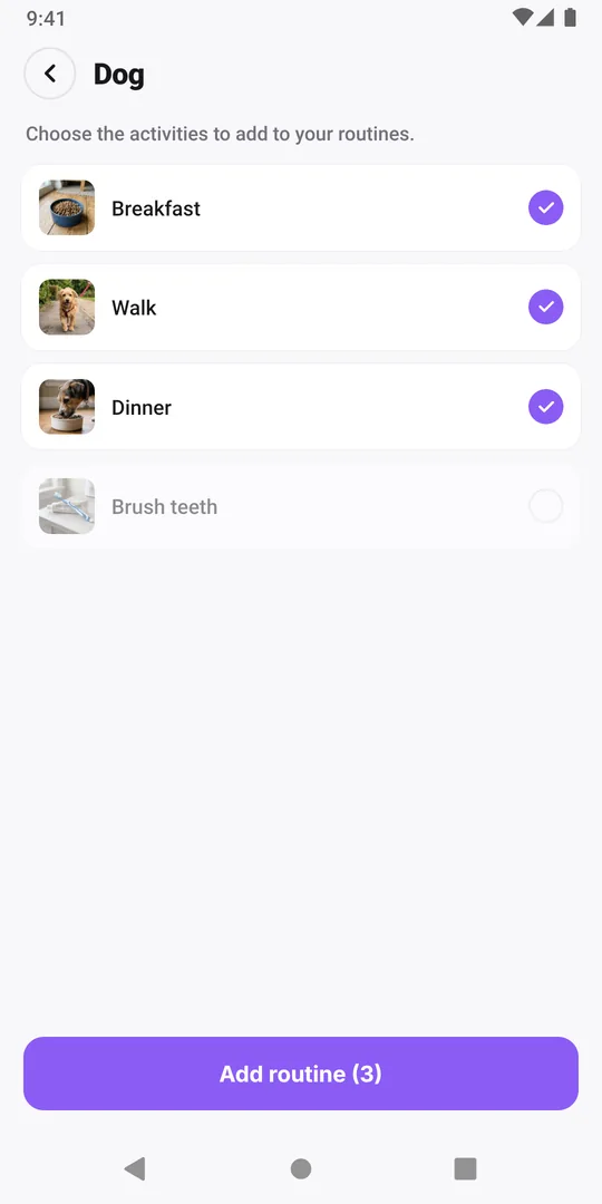 The shared routine in EasyRoutine with one activity unticked and the button showing Add routine (3)
