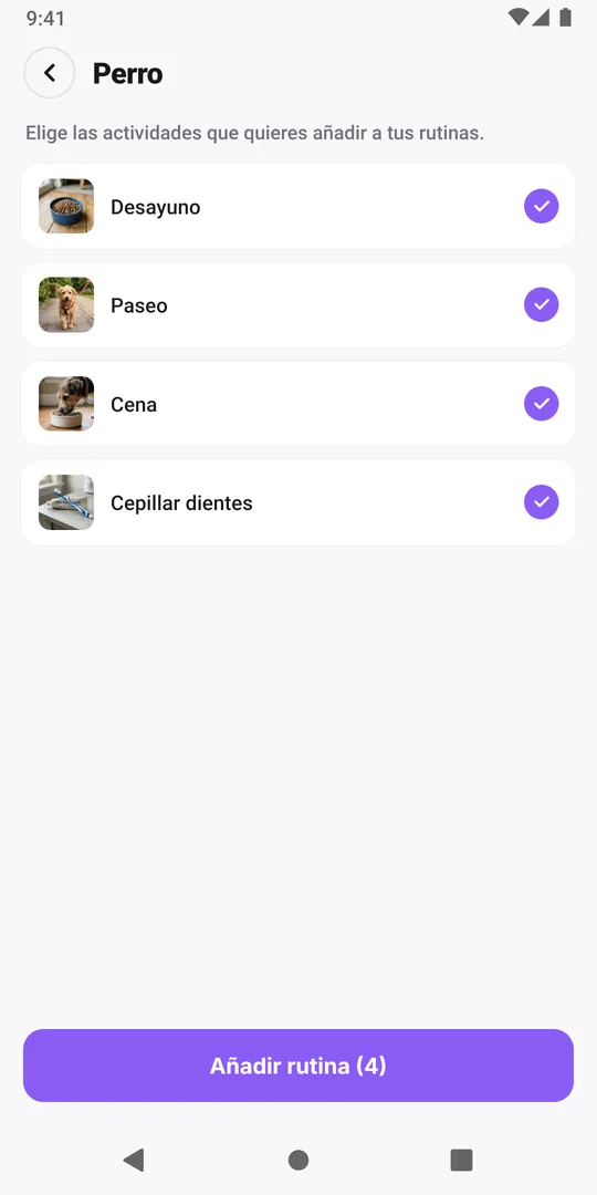 Una rutina compartida Perro abierta en EasyRoutine con cuatro actividades, todas marcadas, y el botón Añadir rutina