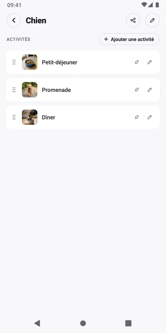 La copie ajoutée de la routine Chien dans EasyRoutine avec ses activités et leurs photos