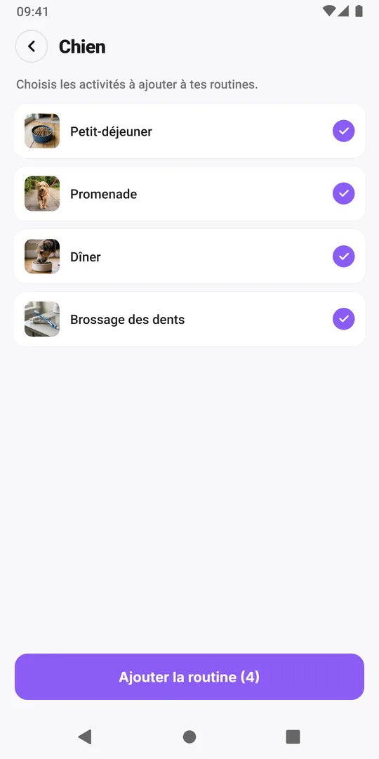 Une routine partagée Chien ouverte dans EasyRoutine avec quatre activités, toutes cochées, et le bouton Ajouter la routine
