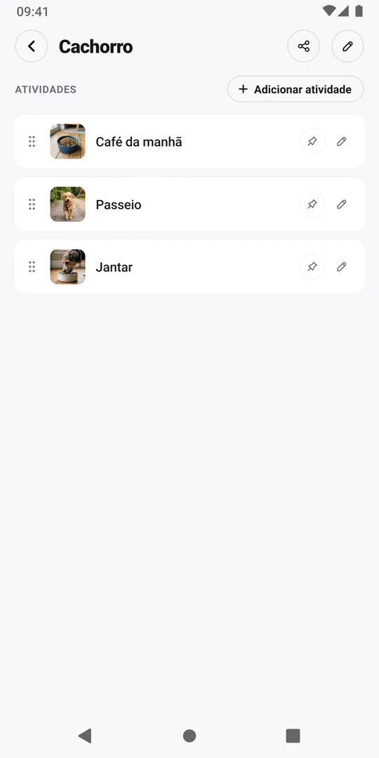 A cópia adicionada da rotina Cachorro no EasyRoutine com as atividades e fotos
