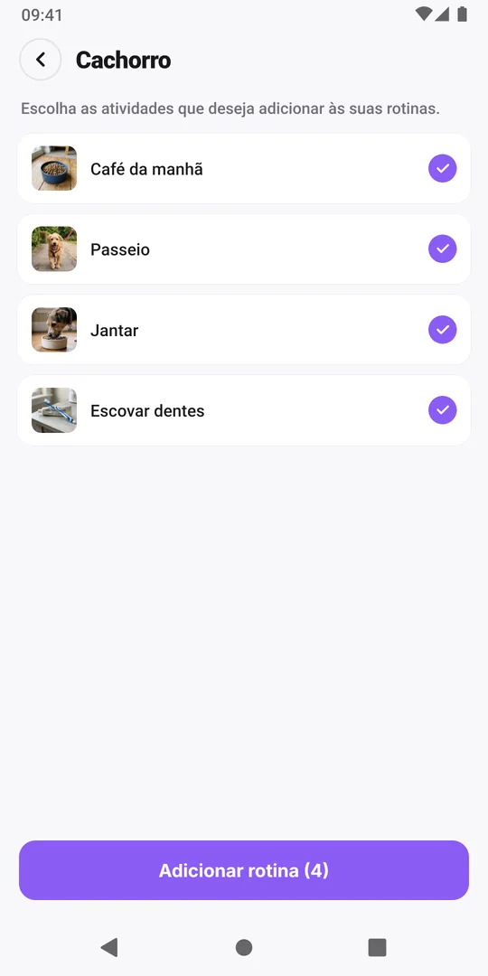 Uma rotina compartilhada Cachorro aberta no EasyRoutine com quatro atividades, todas marcadas, e o botão Adicionar rotina