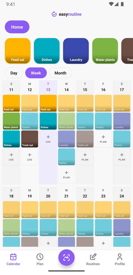 EasyRoutine week view of a Home routine with colored tiles for feeding the cat, dishes, laundry, watering plants and taking the trash out