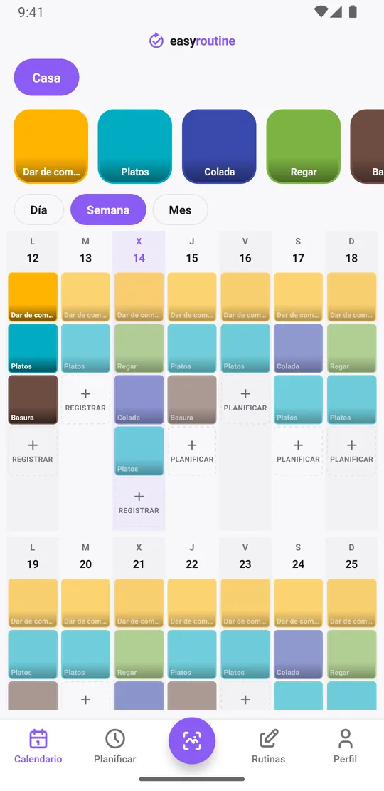 Vista Semana de EasyRoutine de una rutina Casa con recuadros de colores para dar de comer al gato, platos, colada, regar y sacar la basura