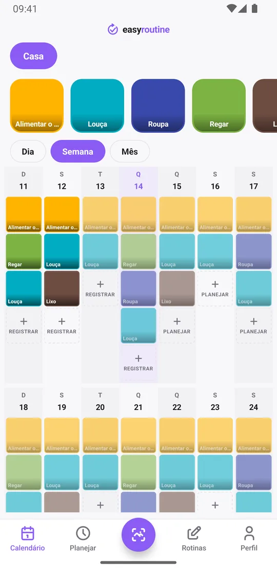 Visualização Semana do EasyRoutine de uma rotina Casa com blocos coloridos para alimentar o gato, louça, roupa, regar as plantas e levar o lixo