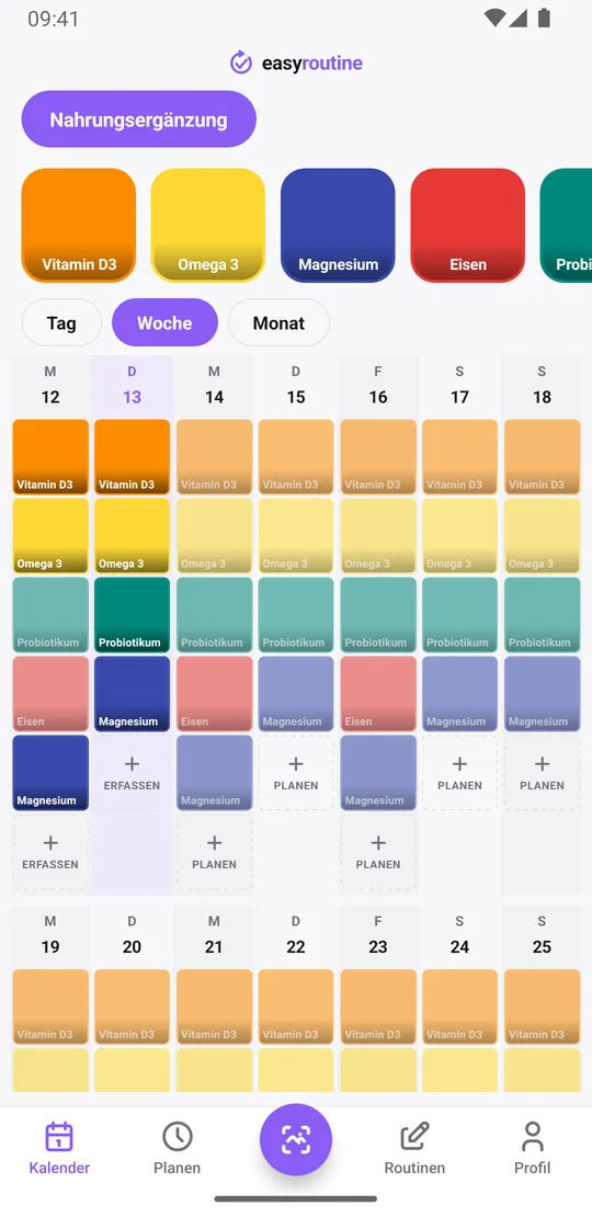 EasyRoutine-Wochenansicht einer Routine Nahrungsergänzung mit farbigen Kacheln für Vitamin D3, Omega 3, Magnesium, Eisen und Probiotikum an den erfassten Tagen