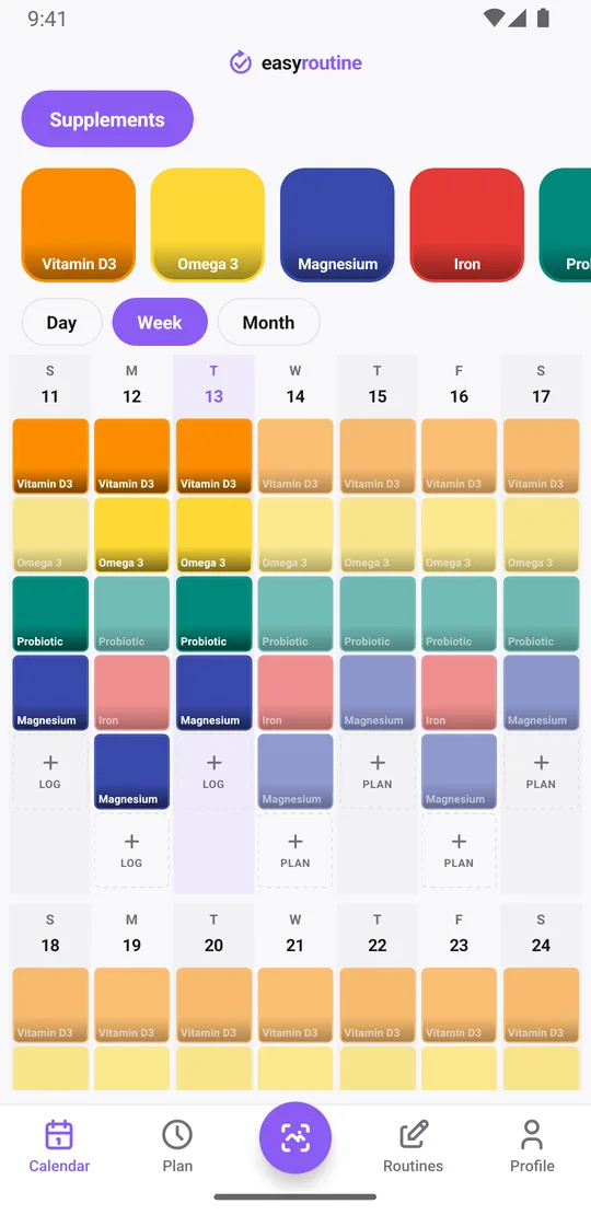 EasyRoutine week view of a Supplements routine with colored tiles for vitamin D3, omega 3, magnesium, iron and probiotic on the days they were logged