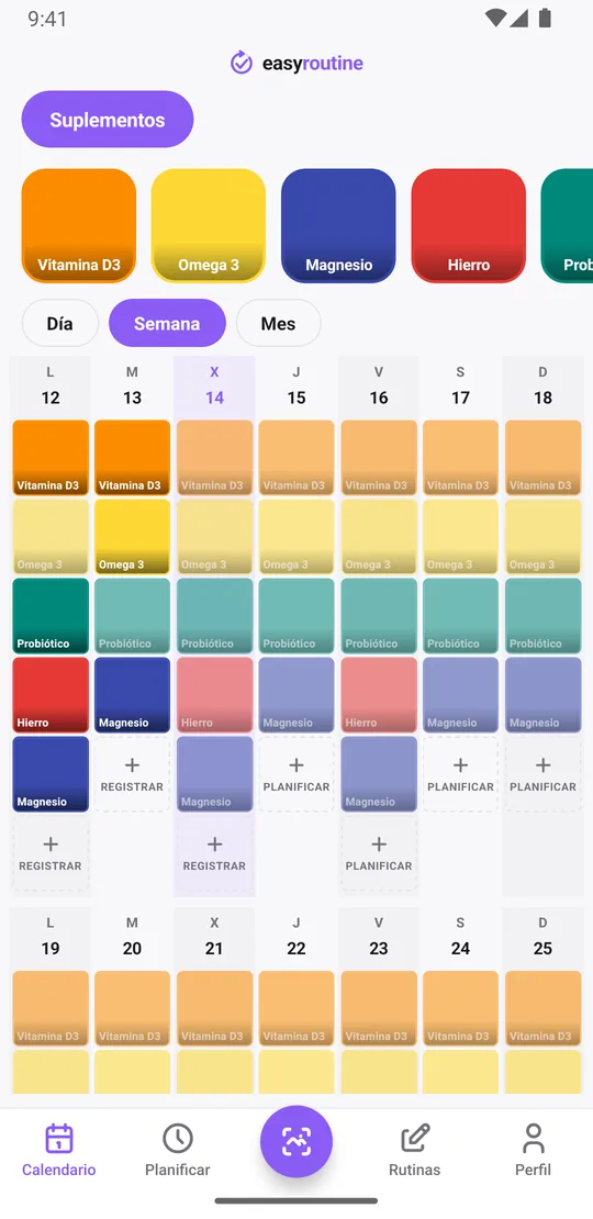 Vista Semana de EasyRoutine de una rutina Suplementos con recuadros de colores para vitamina D3, omega 3, magnesio, hierro y probiótico en los días registrados