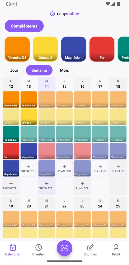 Vue Semaine d'EasyRoutine d'une routine Compléments avec des tuiles colorées pour la vitamine D3, l'oméga 3, le magnésium, le fer et le probiotique les jours enregistrés