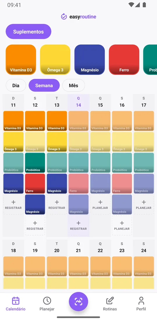 Visualização Semana do EasyRoutine de uma rotina Suplementos com blocos coloridos para vitamina D3, ômega 3, magnésio, ferro e probiótico nos dias registrados