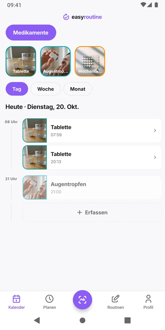 EasyRoutine-Tagesansicht einer Routine Medikamente: die Tablette um 08:00 als farbige Karte mit Uhrzeit erfasst, die Tablette um 20:00 und Augentropfen noch als blasse geplante Einträge