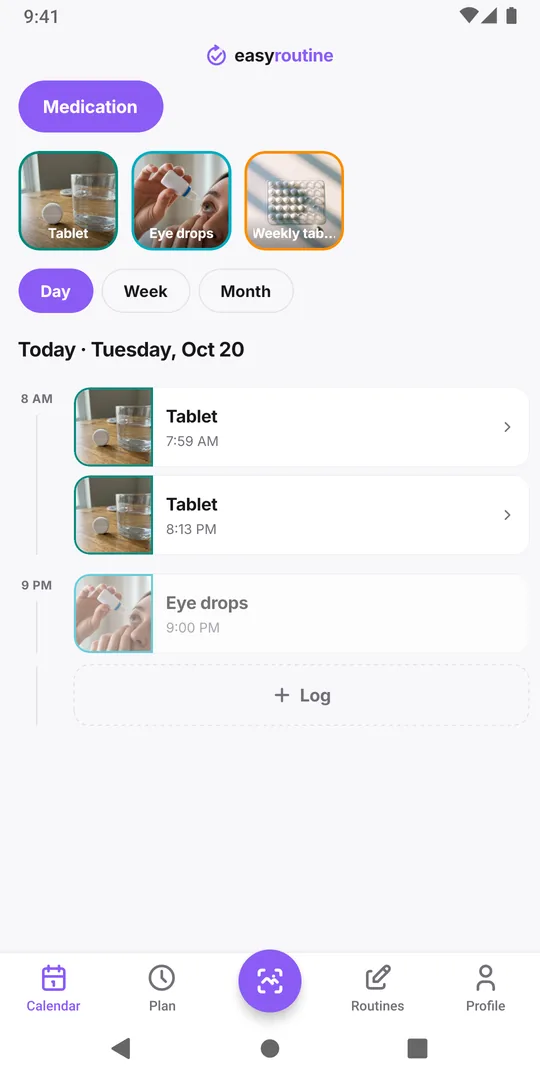 EasyRoutine day view of a Medication routine: the 08:00 Tablet logged as a solid card with its time, the 20:00 Tablet and eye drops still shown as faded planned entries