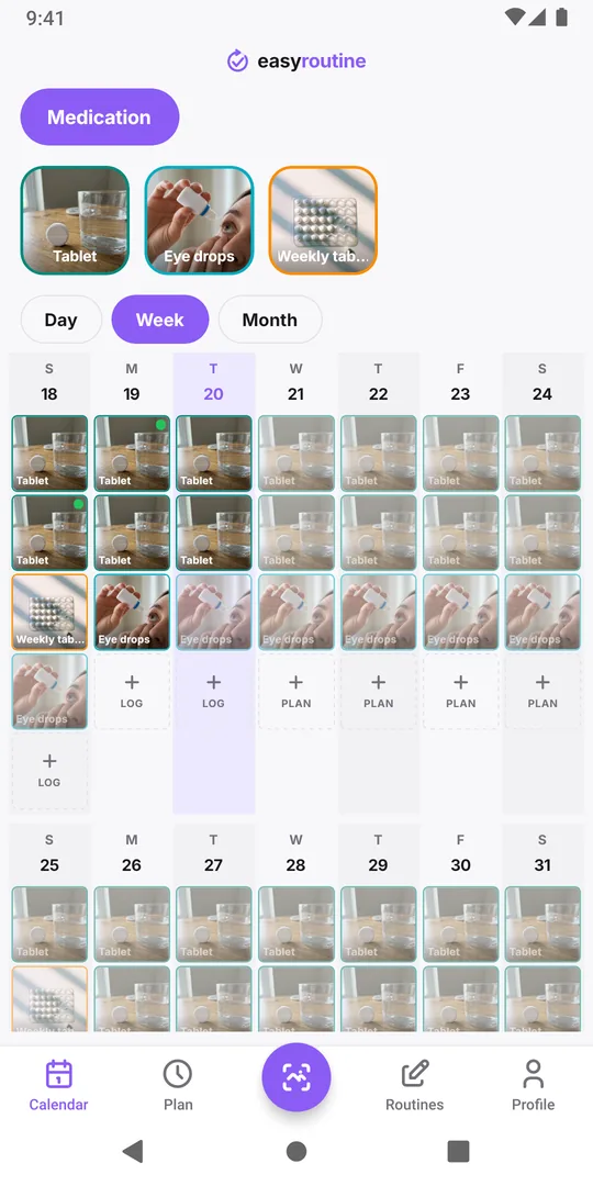 EasyRoutine week view of the Medication routine with colored entries for logged doses and faded entries for doses that are planned but not logged