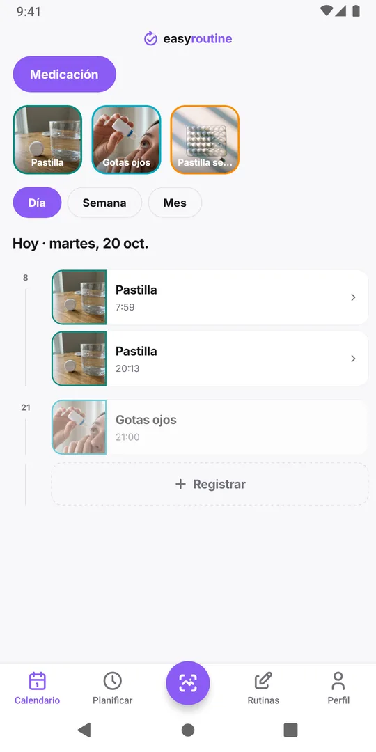 Vista de día de EasyRoutine de una rutina Medicación: la Pastilla de las 08:00 registrada como tarjeta de color con su hora, la Pastilla de las 20:00 y las gotas para los ojos todavía atenuadas como planificadas