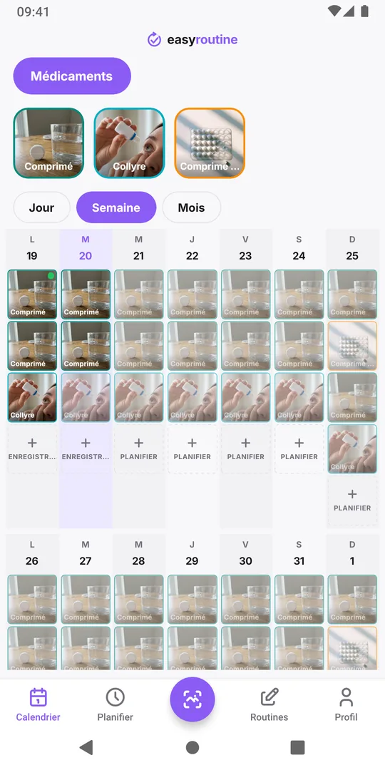 Vue semaine d'EasyRoutine de la routine Médicaments avec des entrées colorées pour les prises enregistrées et estompées pour celles prévues mais pas encore enregistrées