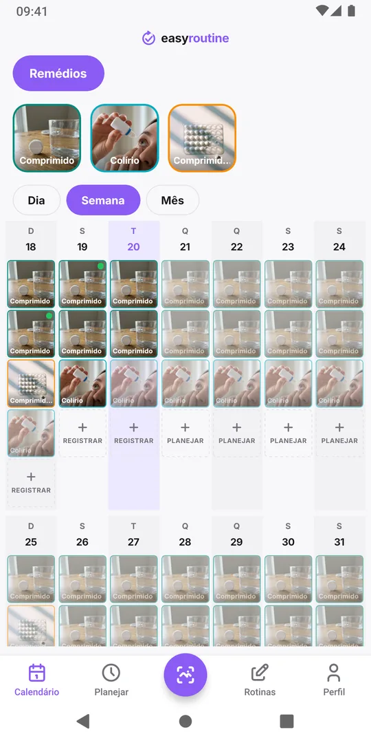 Visão de semana do EasyRoutine da rotina Remédios com entradas coloridas para doses registradas e esmaecidas para as planejadas ainda não registradas
