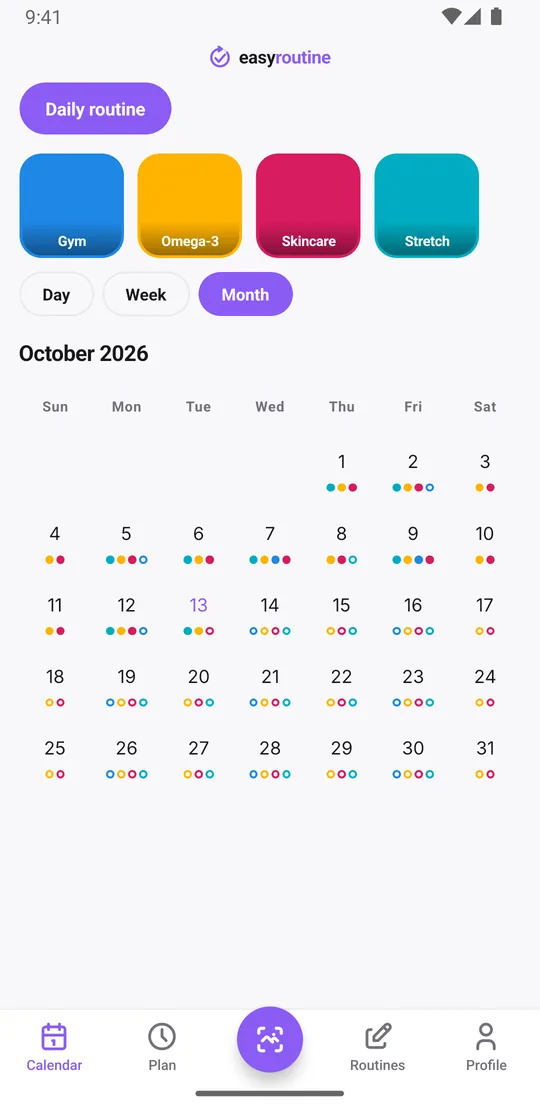EasyRoutine month view of a Daily routine with colored dots for gym, omega-3, skincare and stretching on logged days