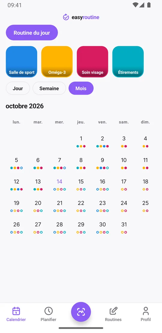Vue mois d'EasyRoutine de la Routine du jour avec des points colorés pour la salle de sport, l'oméga-3, le soin visage et les étirements les jours enregistrés