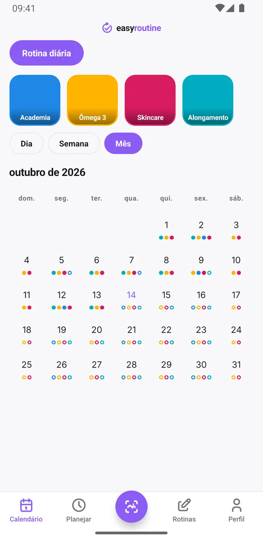 Visão mensal do EasyRoutine da Rotina diária com pontos coloridos para academia, ômega 3, skincare e alongamento nos dias registrados