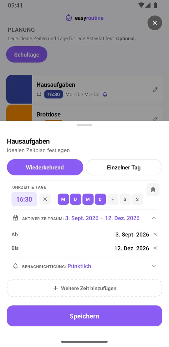 EasyRoutine Zeitplan für Hausaufgaben mit einem wiederkehrenden Termin Montag bis Donnerstag um 16:30, einem aktiven Zeitraum über das Schulhalbjahr und einer pünktlichen Erinnerung