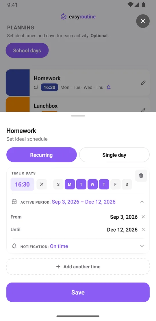 EasyRoutine schedule sheet for Homework with a recurring slot on Monday to Thursday at 16:30, an active period covering the school term and a reminder on time