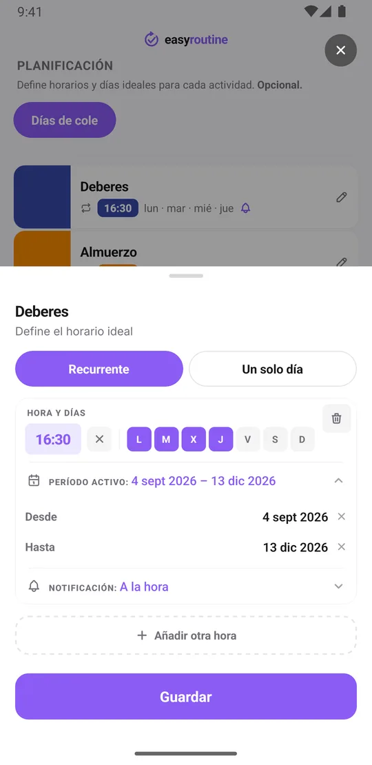 Ficha de horario de EasyRoutine para Deberes con un horario recurrente de lunes a jueves a las 16:30, un período activo que cubre el trimestre escolar y un aviso a la hora
