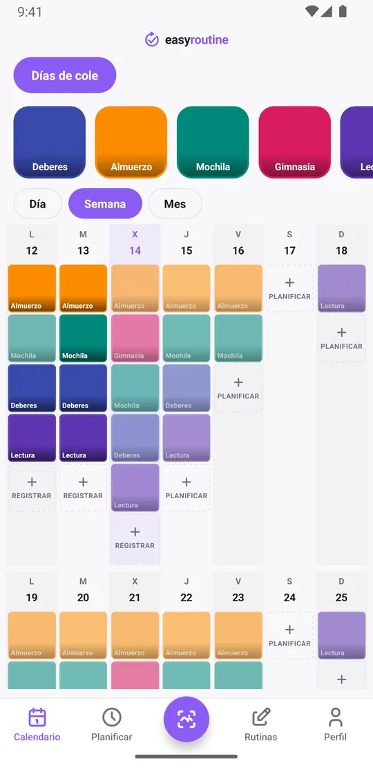 Vista semanal de EasyRoutine de la rutina Días de cole con mosaicos de colores para almuerzo, mochila, gimnasia, deberes y lectura entre semana