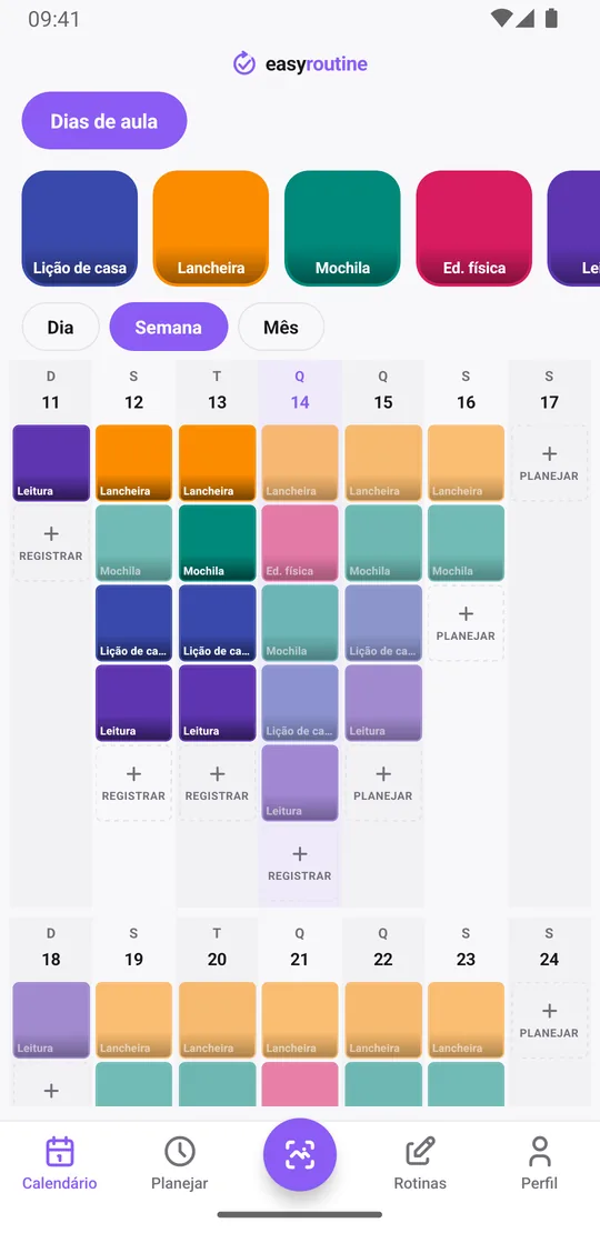 Visão semanal do EasyRoutine da rotina Dias de aula com blocos coloridos para lancheira, mochila, educação física, lição de casa e leitura nos dias de semana
