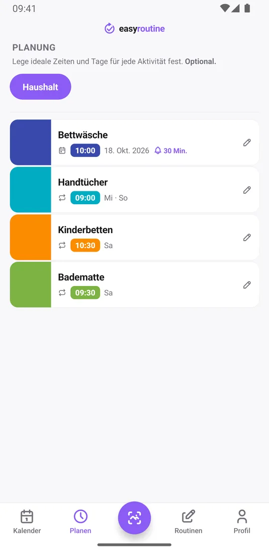Tab Planen in EasyRoutine für die Routine Haushalt: Bettwäsche am nächsten einzelnen Wechseltermin um 10:00 mit Glocke 30 Min. vorher, Handtücher am Sonntag und Mittwoch um 9:00, Kinderbetten am Samstag um 10:30 und Badematte am Samstag um 9:30