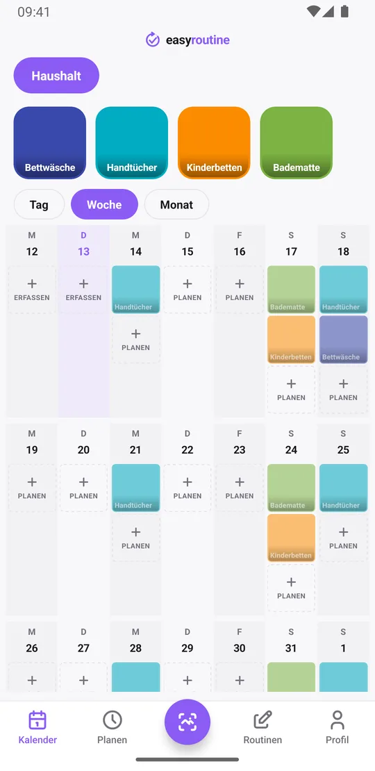 Wochenansicht der Routine Haushalt in EasyRoutine mit Kacheln für Handtücher am Sonntag und Mittwoch und für Kinderbetten und Badematte am Samstag